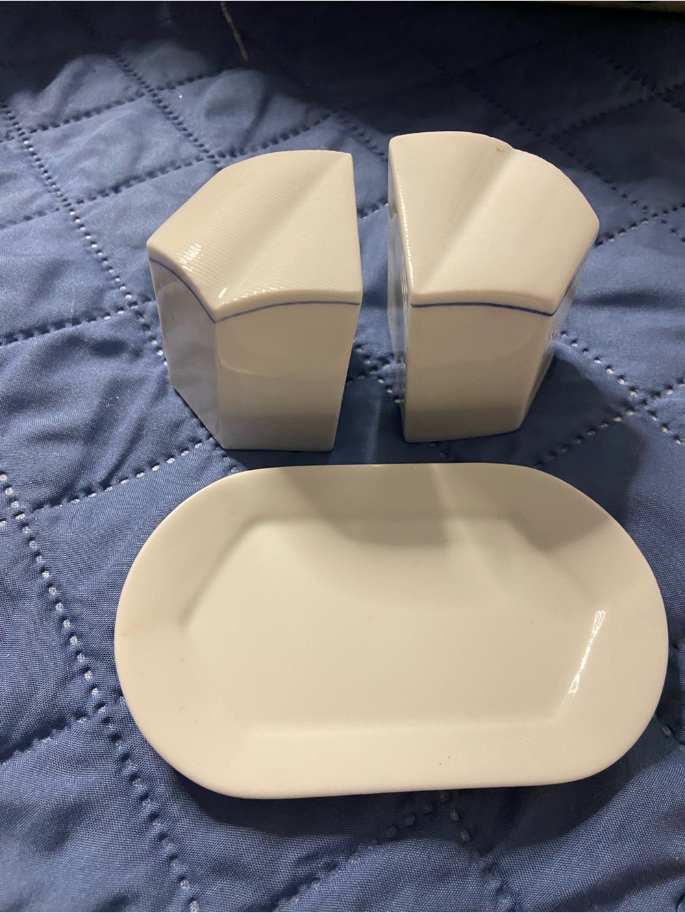 Art Deco Architectural Geometric-Shaped Porcelain Salt & Pepper Shaker Set + Tra
